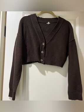 Garage Cropped V-Neck Button Front Cardigan - Dark Brown